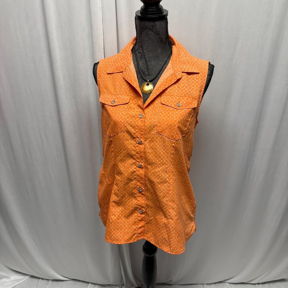 Eddie Bauer Sleeveless Button Up Blouse Womens Sz Small Orange Polka Dot Casual